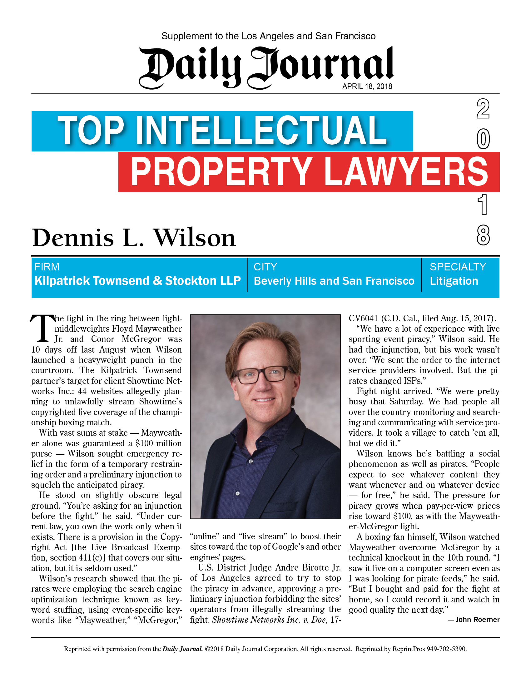 Dennis Wilson Named One of Daily Journal's 2018 Top Intellectual Property Lawyers