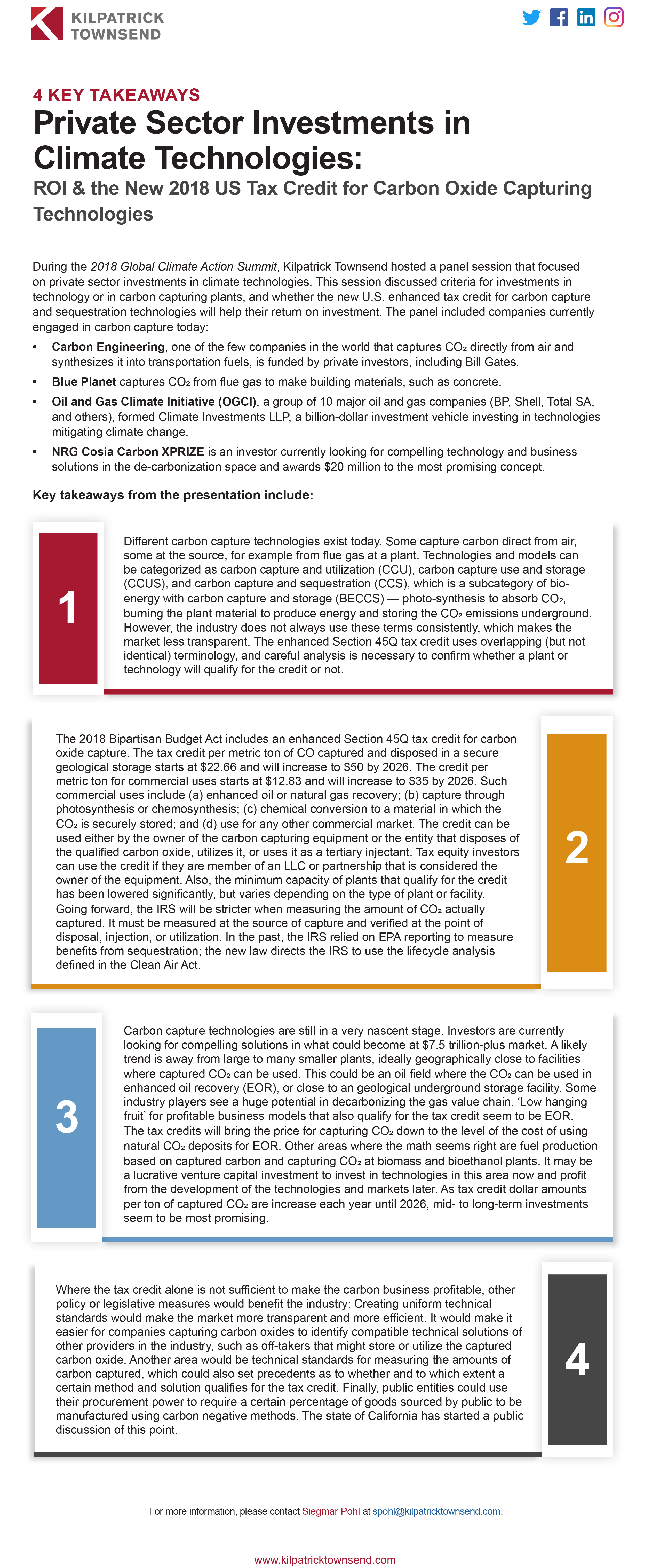 Key Takeaways | Private Sector Investments in Climate Technologies: ROI & the New 2018 US Tax Credit for Carbon Oxide Capturing Technologies